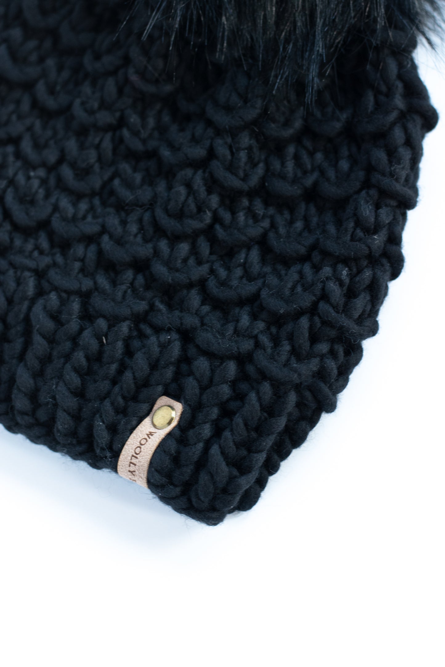 Black Merino Wool Knit Hat with Faux Fur Pom Pom