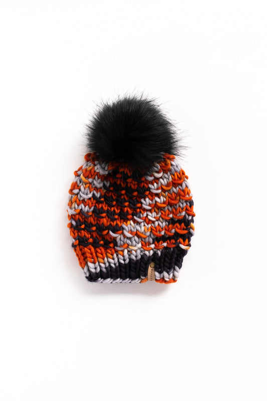 Black and Orange Merino Wool Knit Hat with Faux Fur Pom Pom - Hand-Dyed Yarn