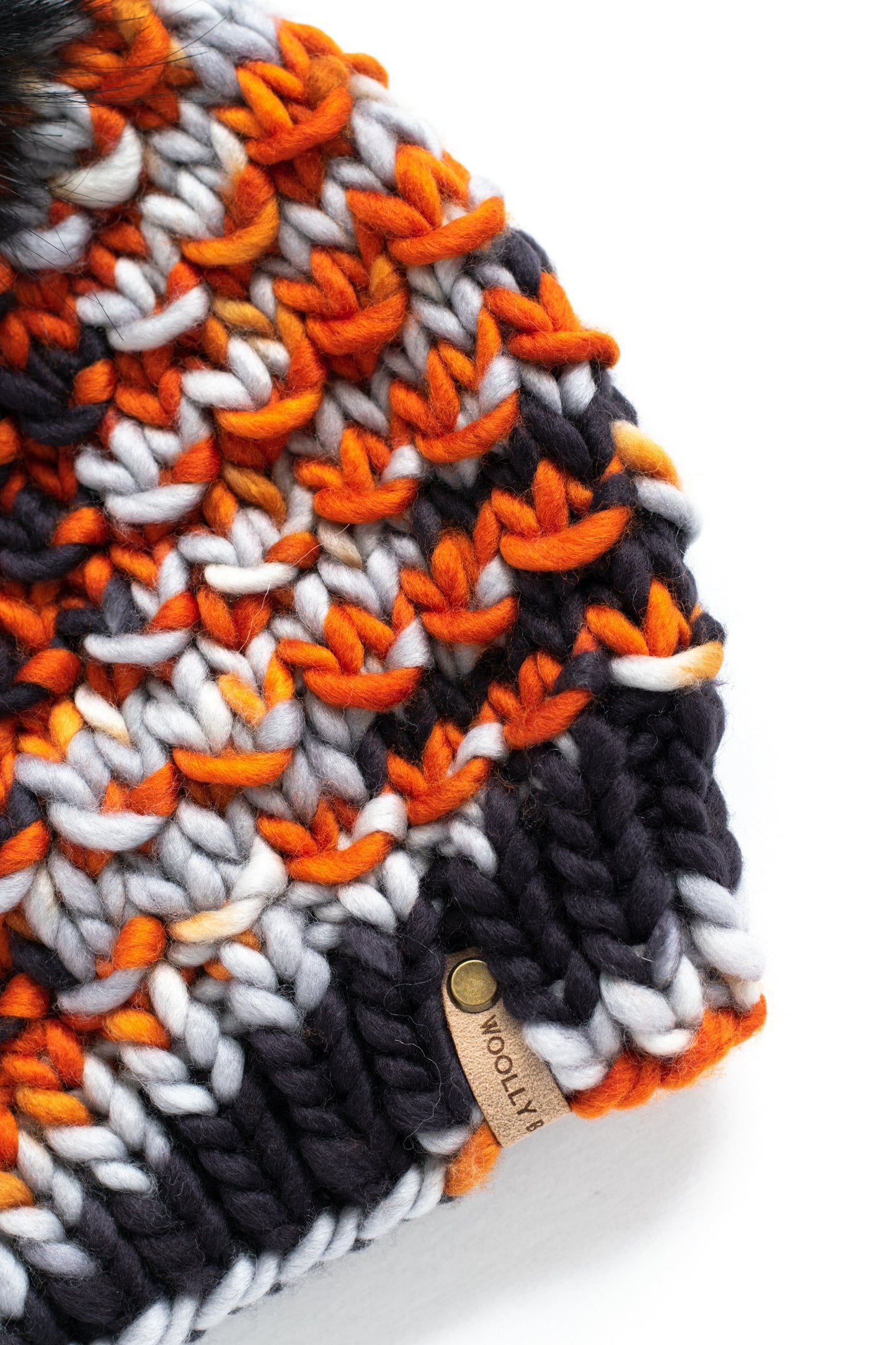 Black and Orange Merino Wool Knit Hat with Faux Fur Pom Pom - Hand-Dyed Yarn