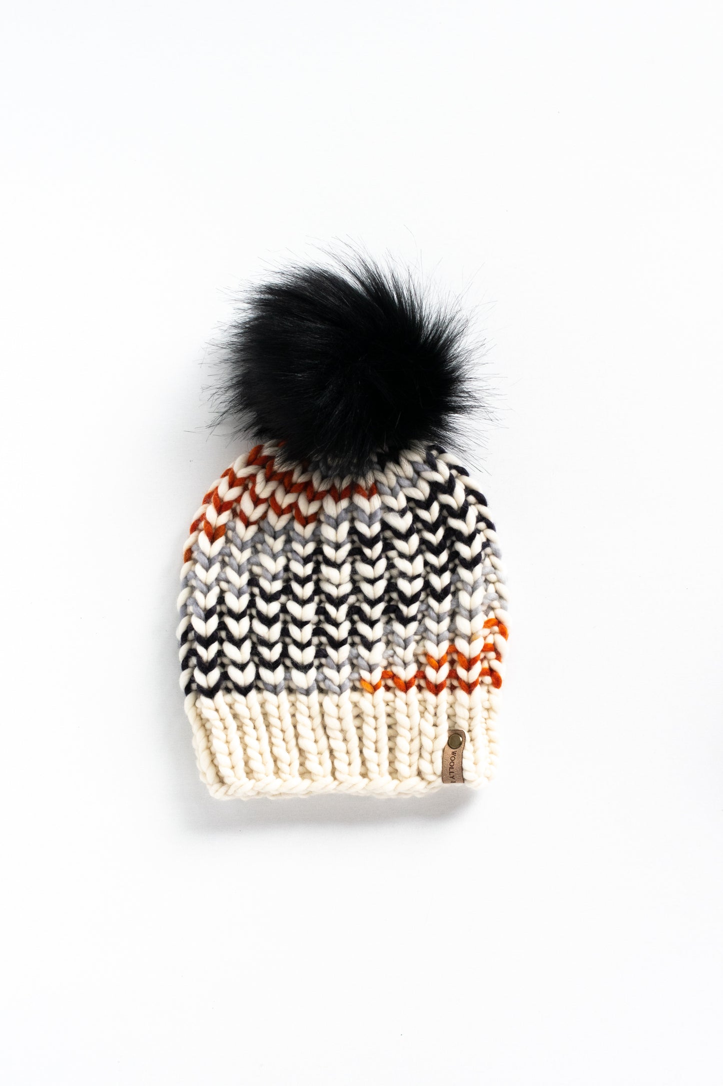 Black, Orange, and White Striped Merino Wool Knit Hat with Faux Fur Pom Pom - Hand-Dyed Yarn