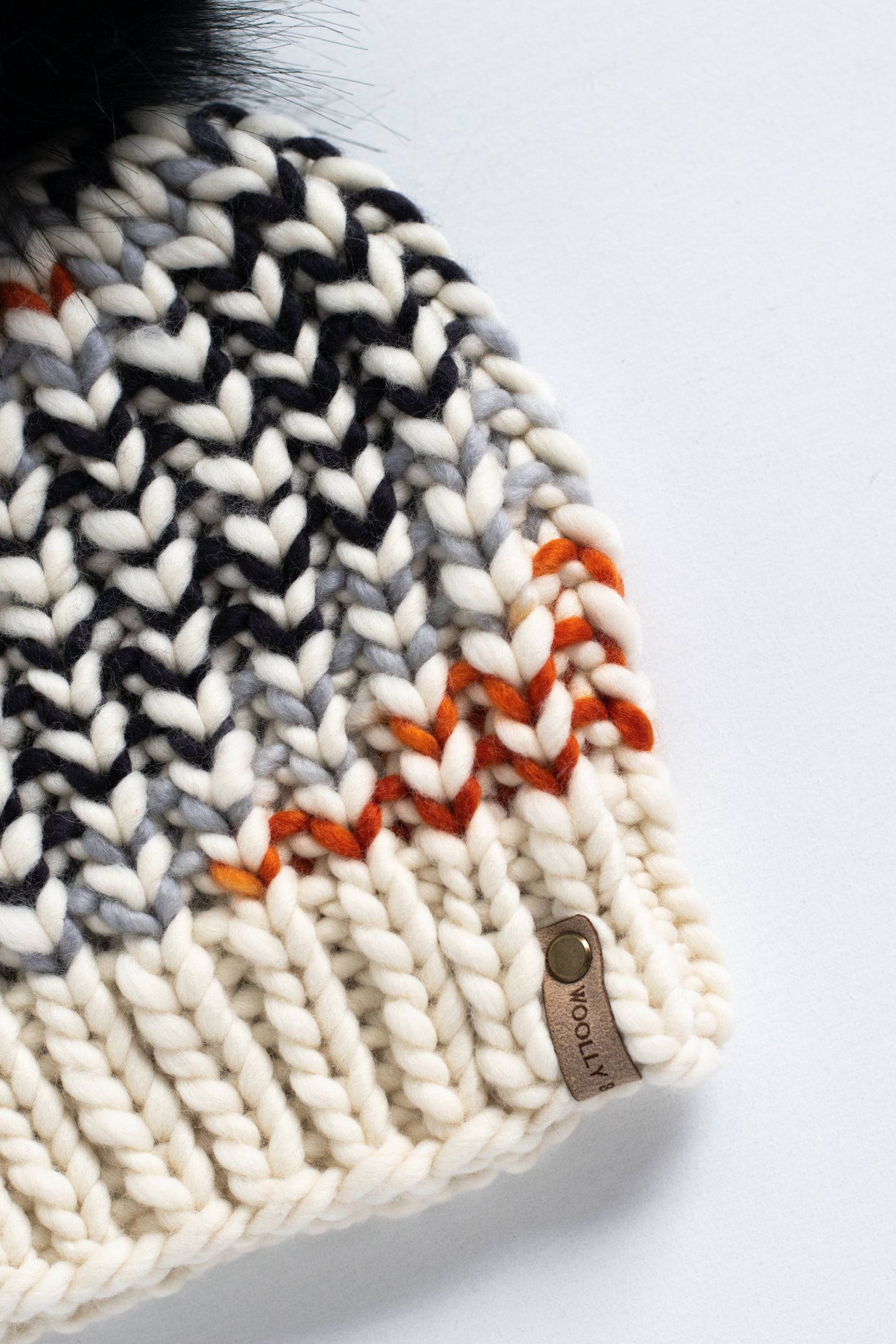 Black, Orange, and White Striped Merino Wool Knit Hat with Faux Fur Pom Pom - Hand-Dyed Yarn