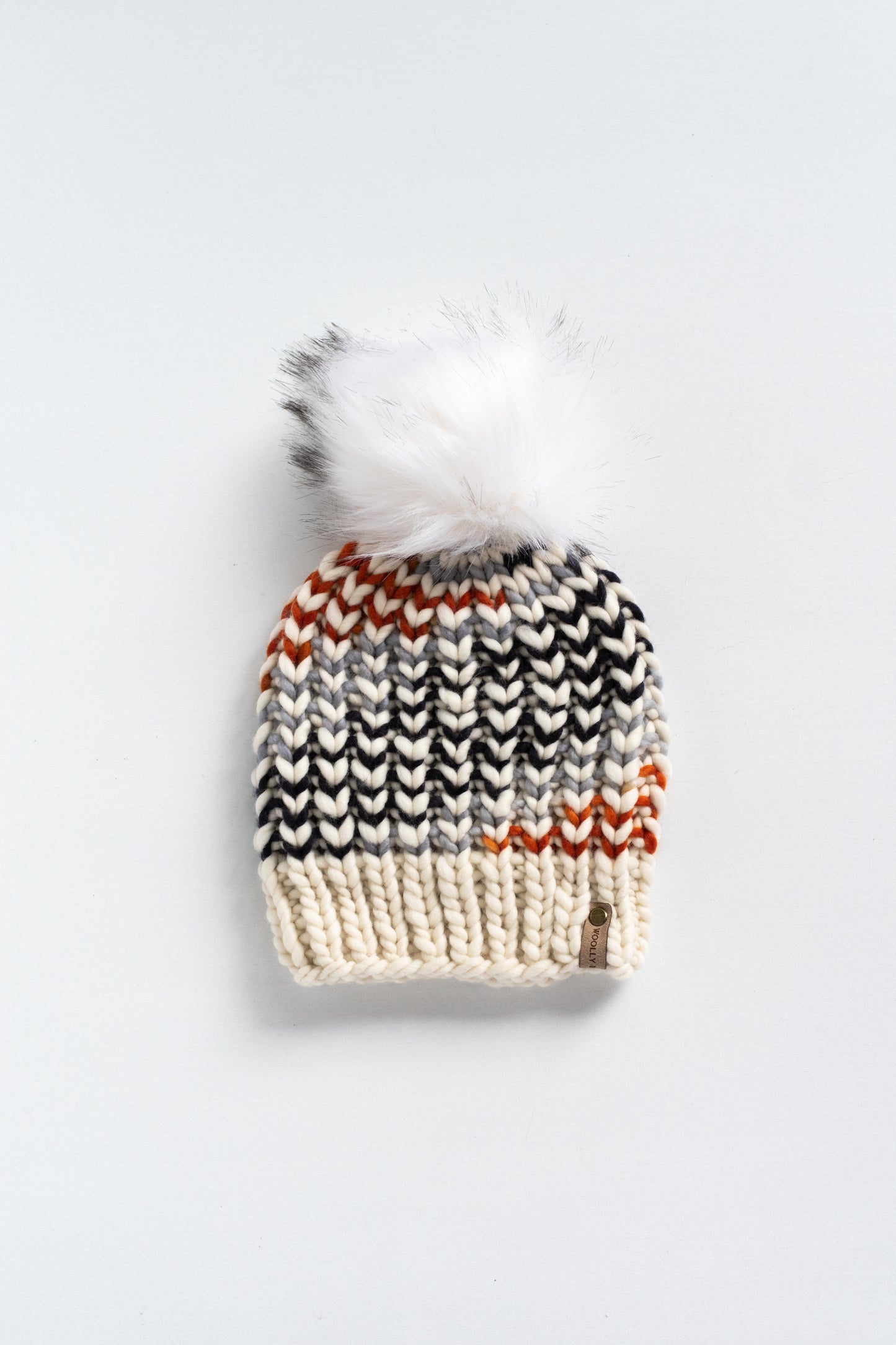 Black, Orange, and White Striped Merino Wool Knit Hat with Faux Fur Pom Pom - Hand-Dyed Yarn