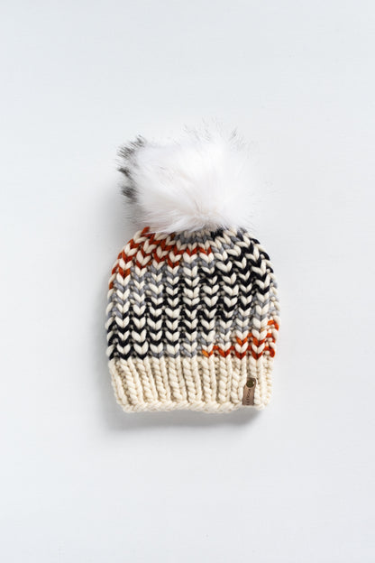 Black, Orange, and White Striped Merino Wool Knit Hat with Faux Fur Pom Pom - Hand-Dyed Yarn
