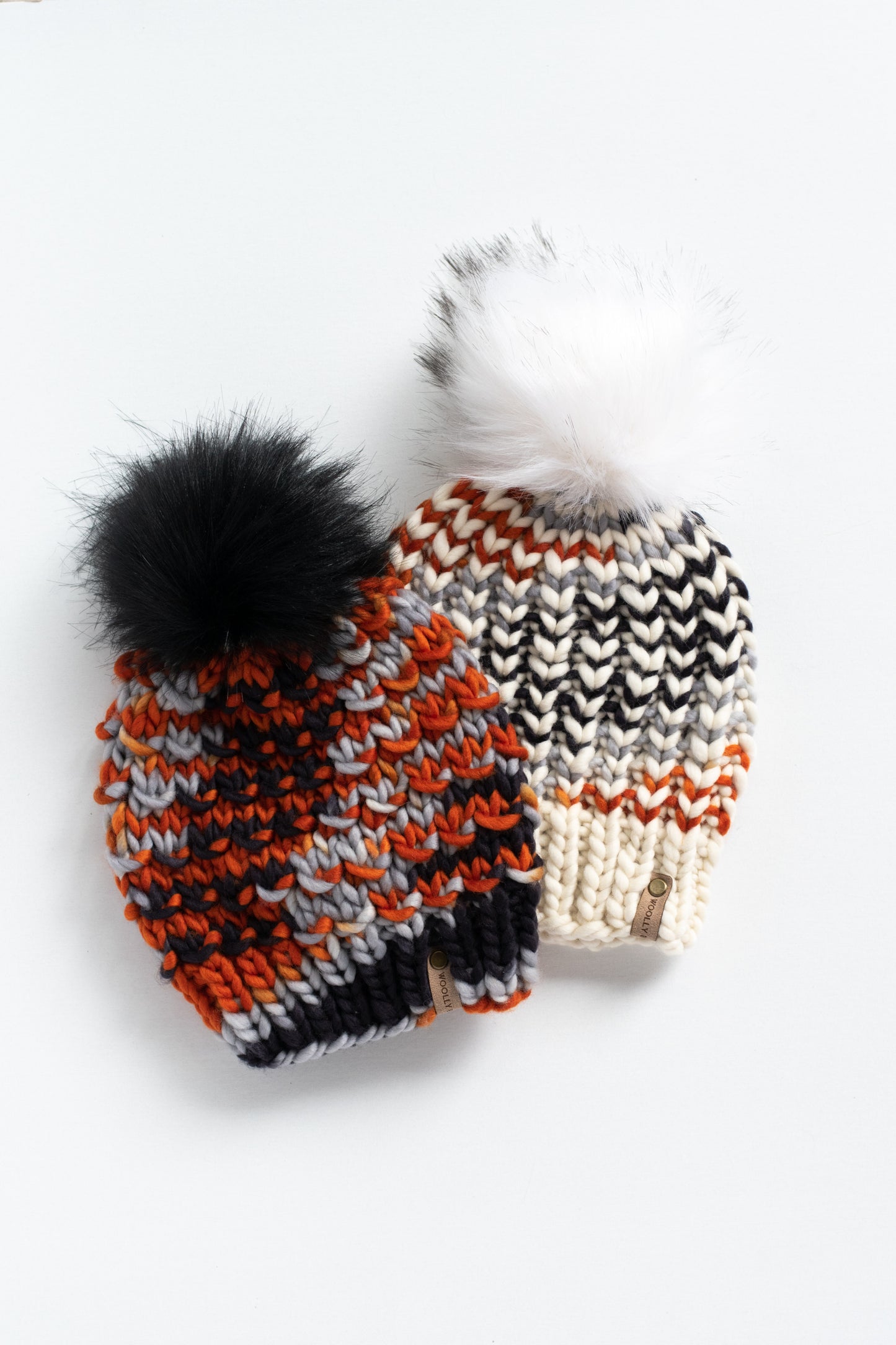 Black and Orange Merino Wool Knit Hat with Faux Fur Pom Pom - Hand-Dyed Yarn