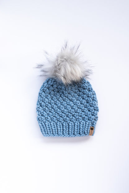 Blue Merino Wool Knit Hat with Faux Fur Pom Pom
