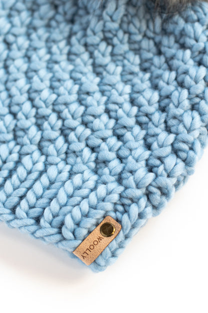 Blue Merino Wool Knit Hat with Faux Fur Pom Pom