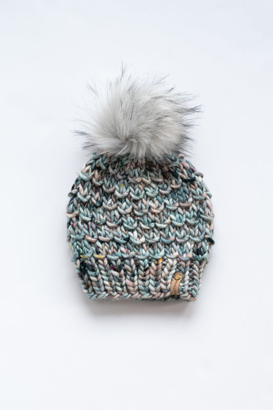Blue Speckle Merino Wool Knit Hat with Faux Fur Pom Pom - Hand-Dyed Yarn