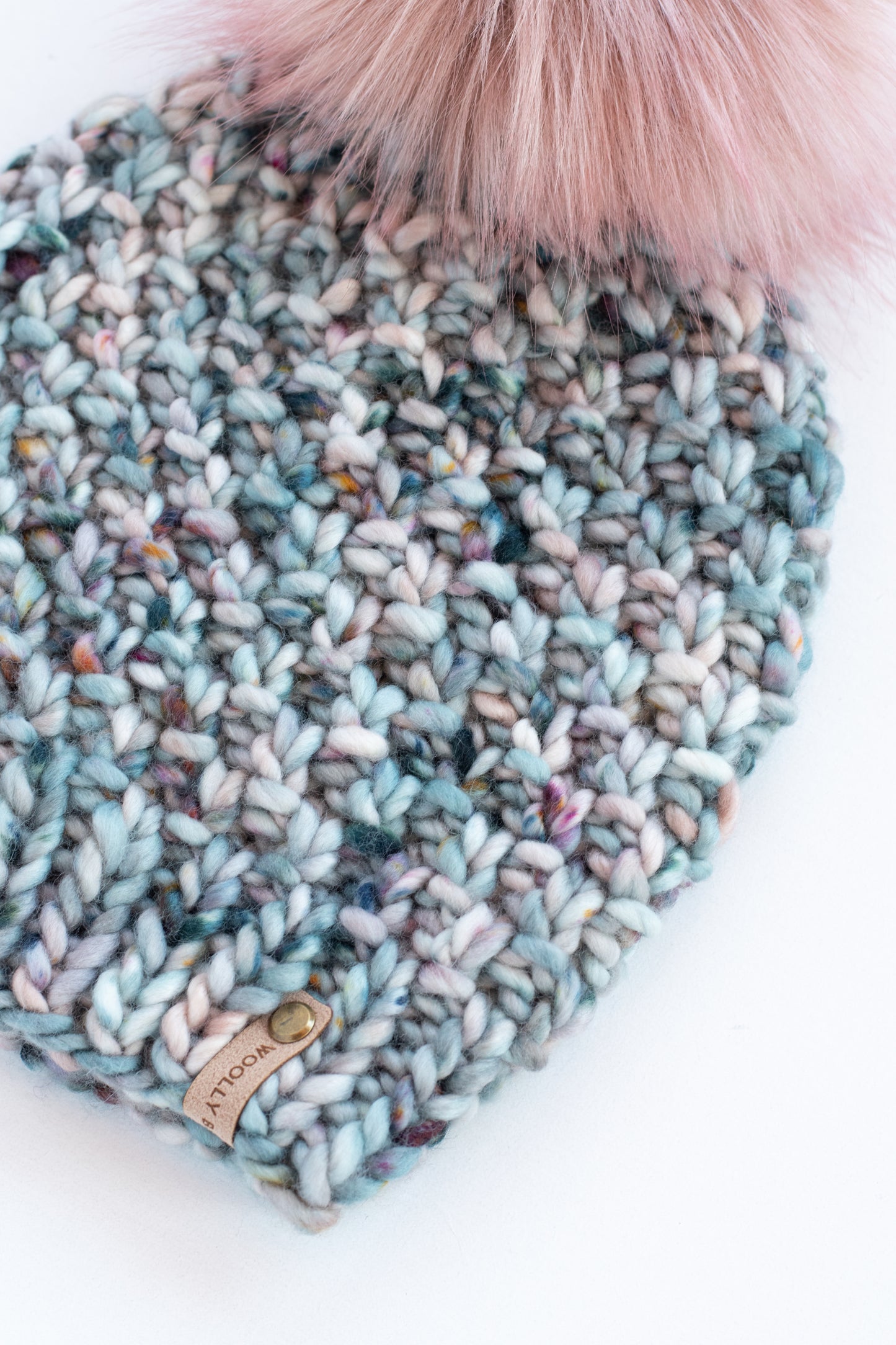 Blue Speckle Merino Wool Knit Hat with Faux Fur Pom Pom - Hand-Dyed Yarn