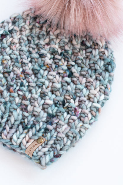 Blue Speckle Merino Wool Knit Hat with Faux Fur Pom Pom - Hand-Dyed Yarn