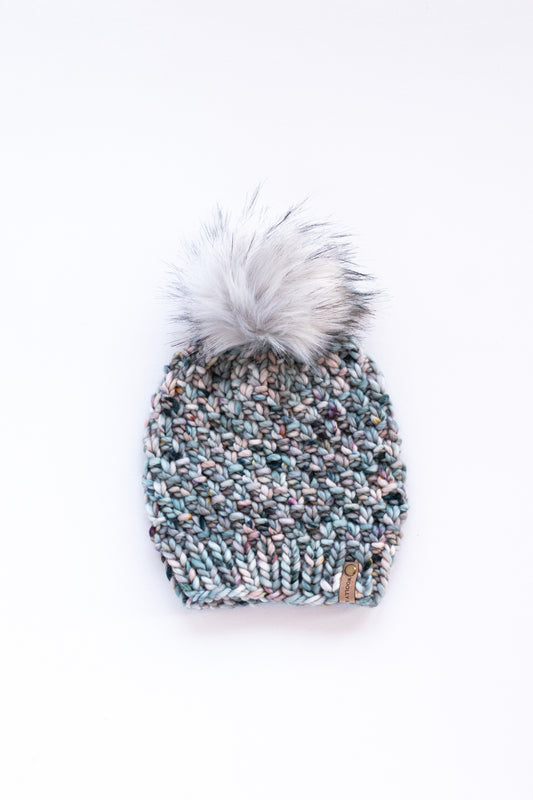 Blue Speckle Merino Wool Knit Hat with Faux Fur Pom Pom - Hand-Dyed Yarn