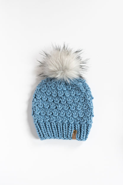 Blue Merino Wool Knit Hat with Faux Fur Pom Pom