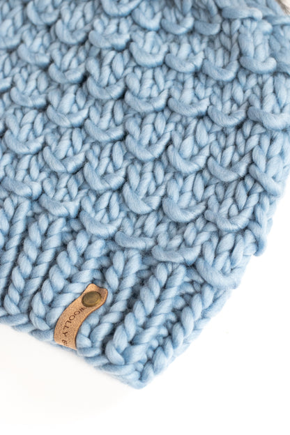 Blue Merino Wool Knit Hat with Faux Fur Pom Pom