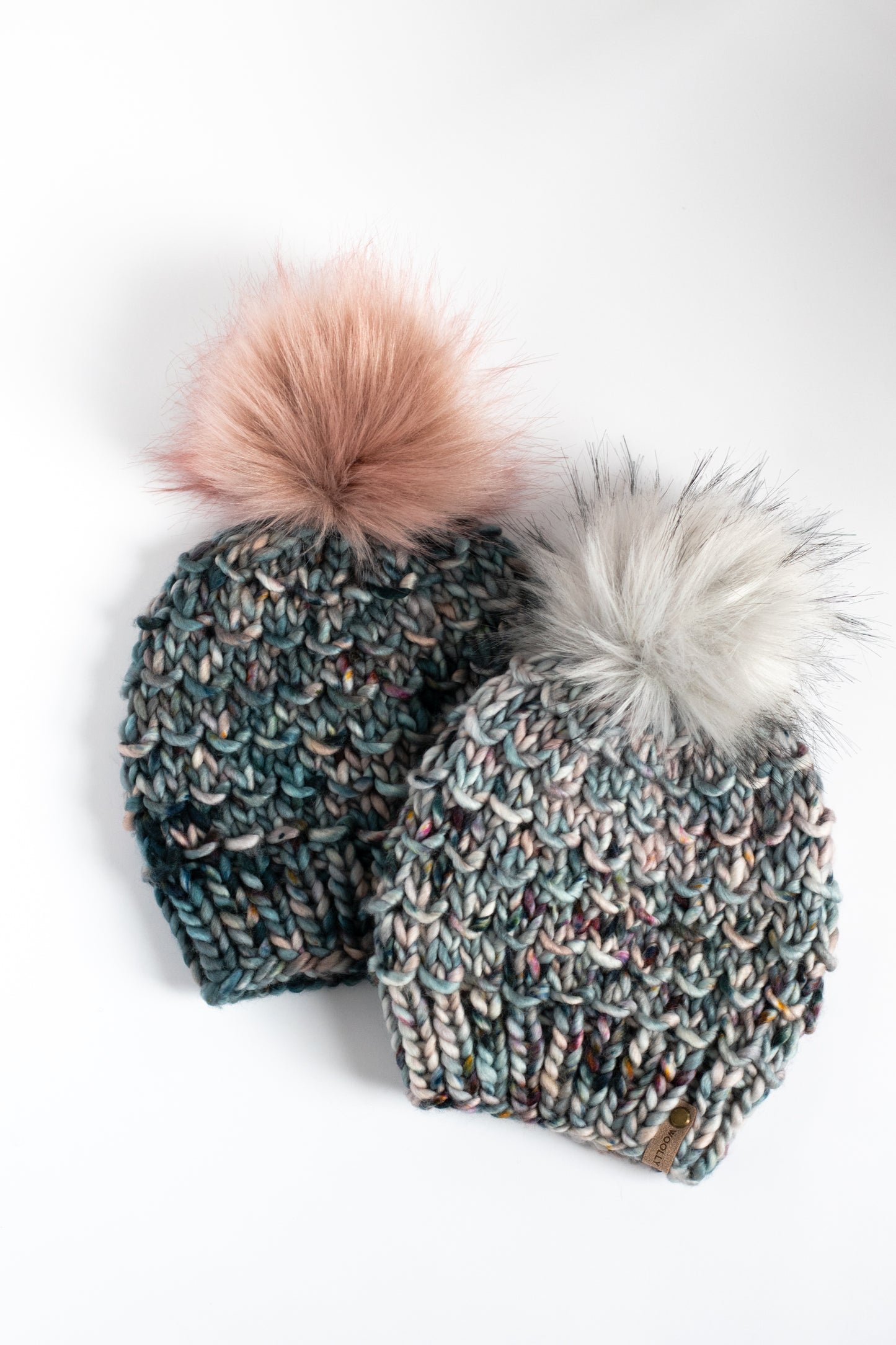 Blue Speckle Merino Wool Knit Hat with Faux Fur Pom Pom - Hand-Dyed Yarn