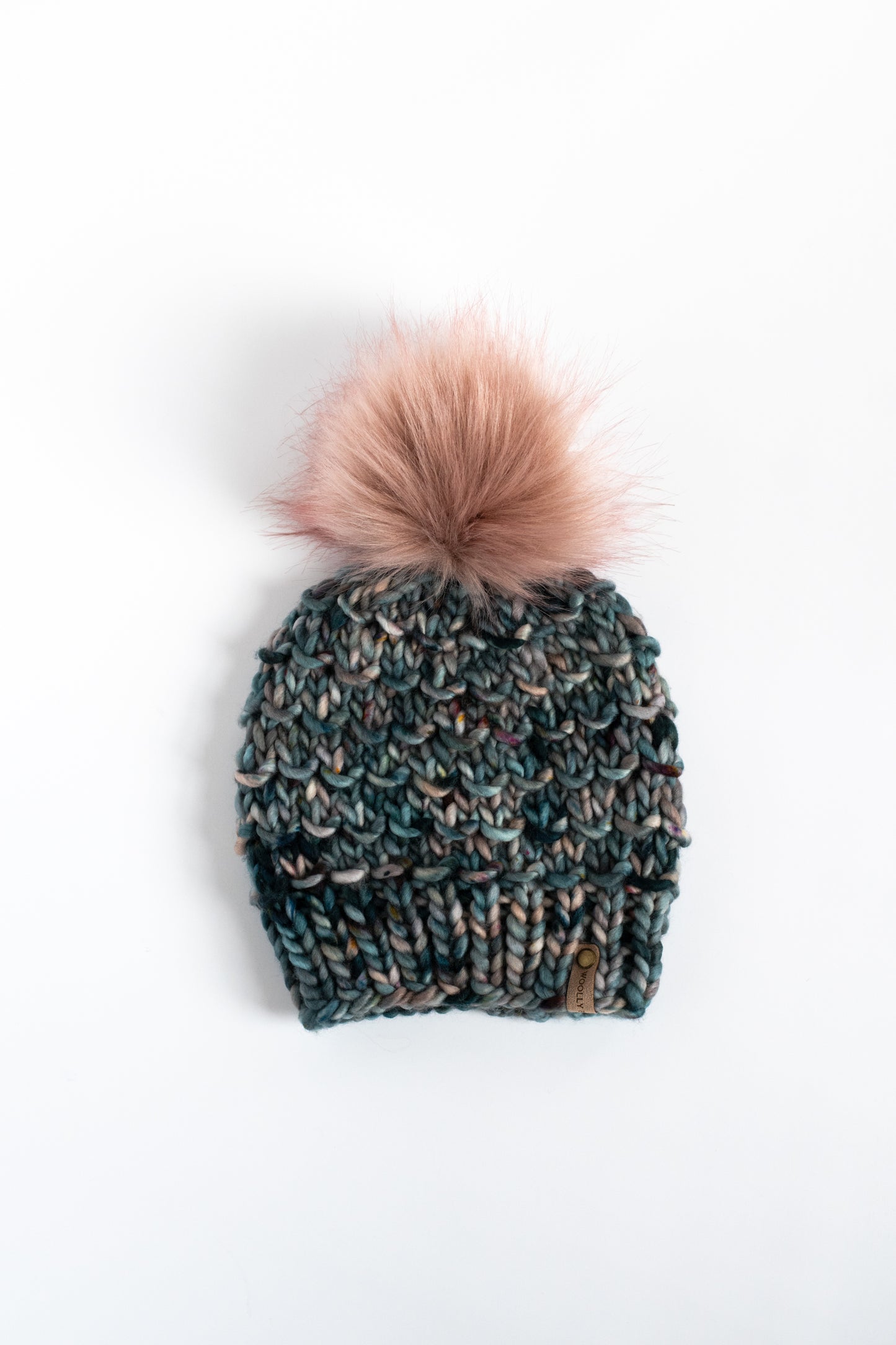 Blue Speckle Merino Wool Knit Hat with Faux Fur Pom Pom - Hand-Dyed Yarn