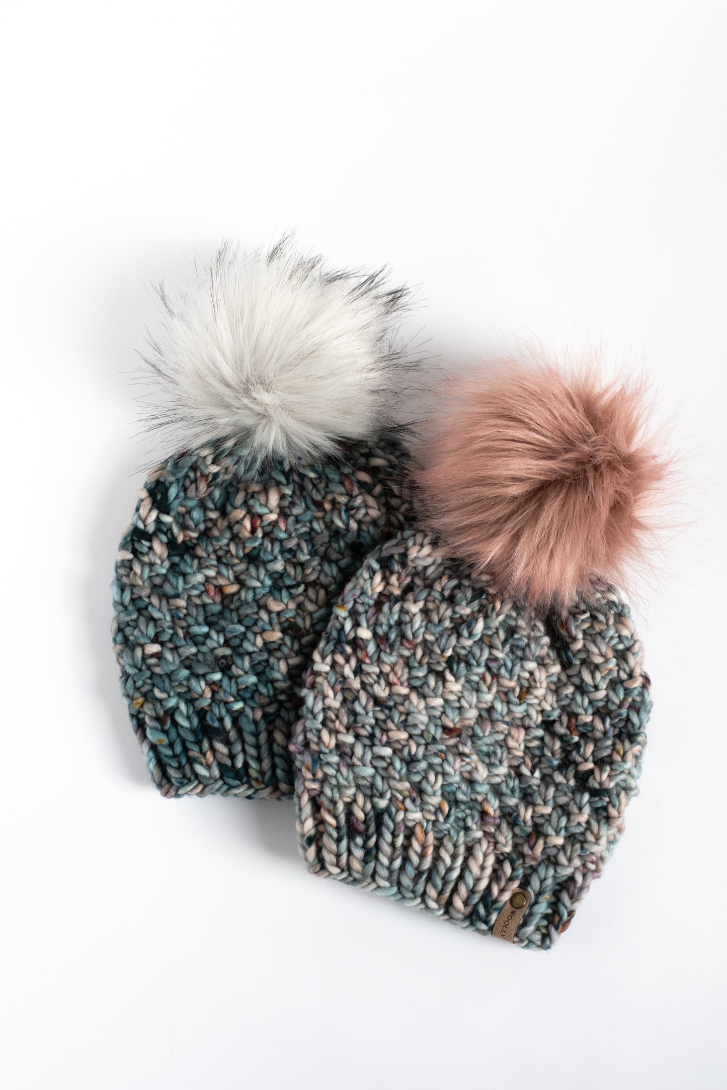 Blue Speckle Merino Wool Knit Hat with Faux Fur Pom Pom - Hand-Dyed Yarn