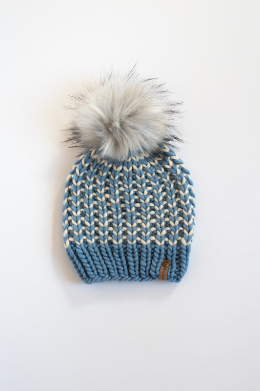 Blue and Ivory Striped Merino Wool Knit Hat with Faux Fur Pom Pom