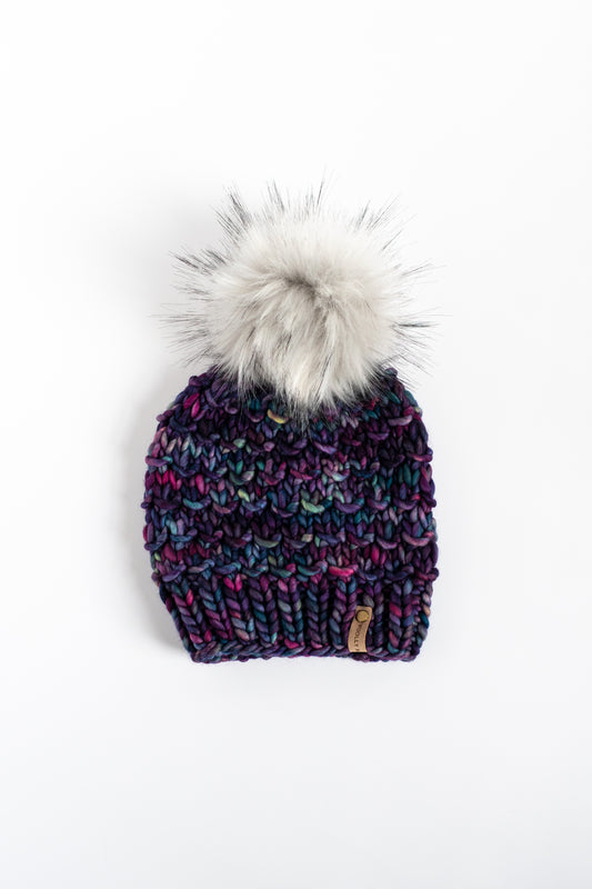 Purple Multi-Color Merino Wool Knit Hat with Faux Fur Pom Pom