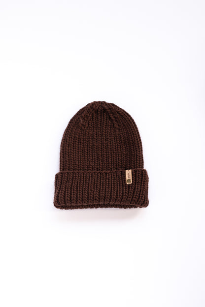 Chocolate Brown Merino Wool Hand Knit Ribbed Beanie