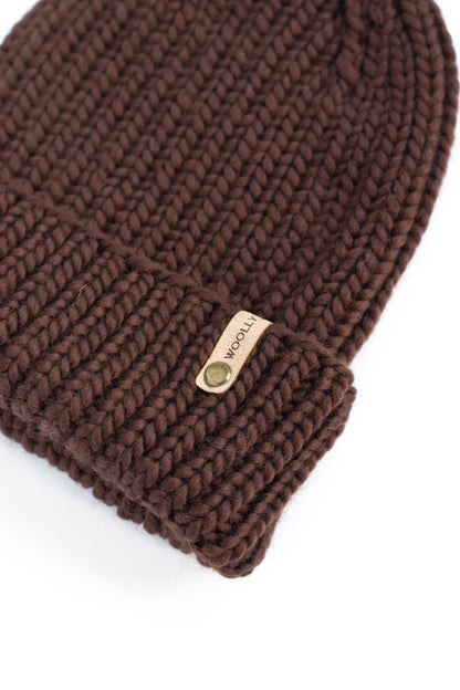 Chocolate Brown Merino Wool Hand Knit Ribbed Beanie