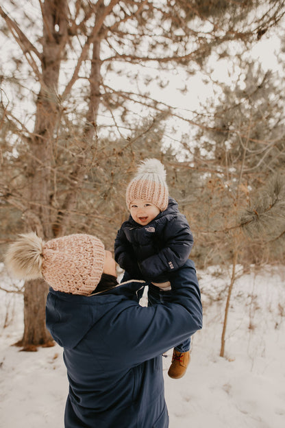 Child and Toddler Size Ribbed Knit Colorblock Peruvian Wool Hat with Faux Fur Pom Pom (More Colors Available)
