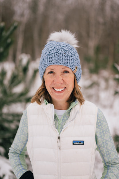 Blue Merino Wool Knit Hat with Faux Fur Pom Pom
