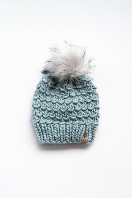 Aqua Blue Peruvian Wool Knit Hat with Faux Fur Pom Pom