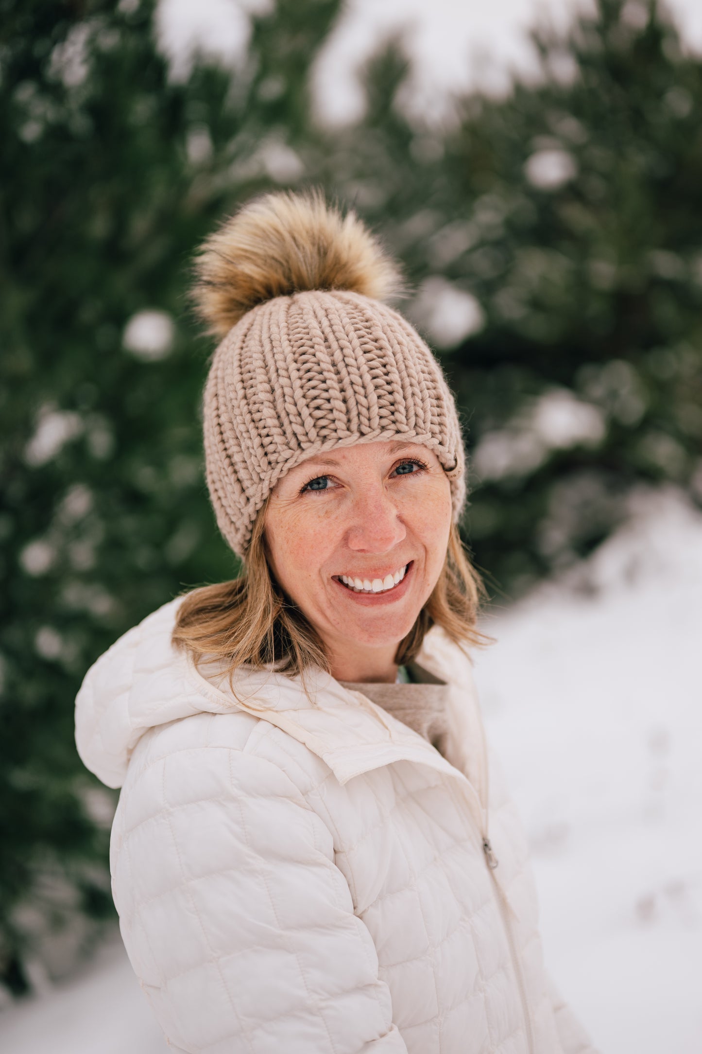 Beige Merino Wool Ribbed Knit Hat with Faux Fur Pom Pom