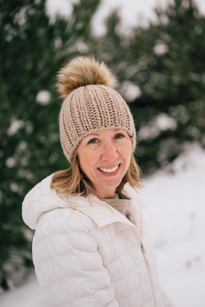 Beige Merino Wool Ribbed Knit Hat with Faux Fur Pom Pom