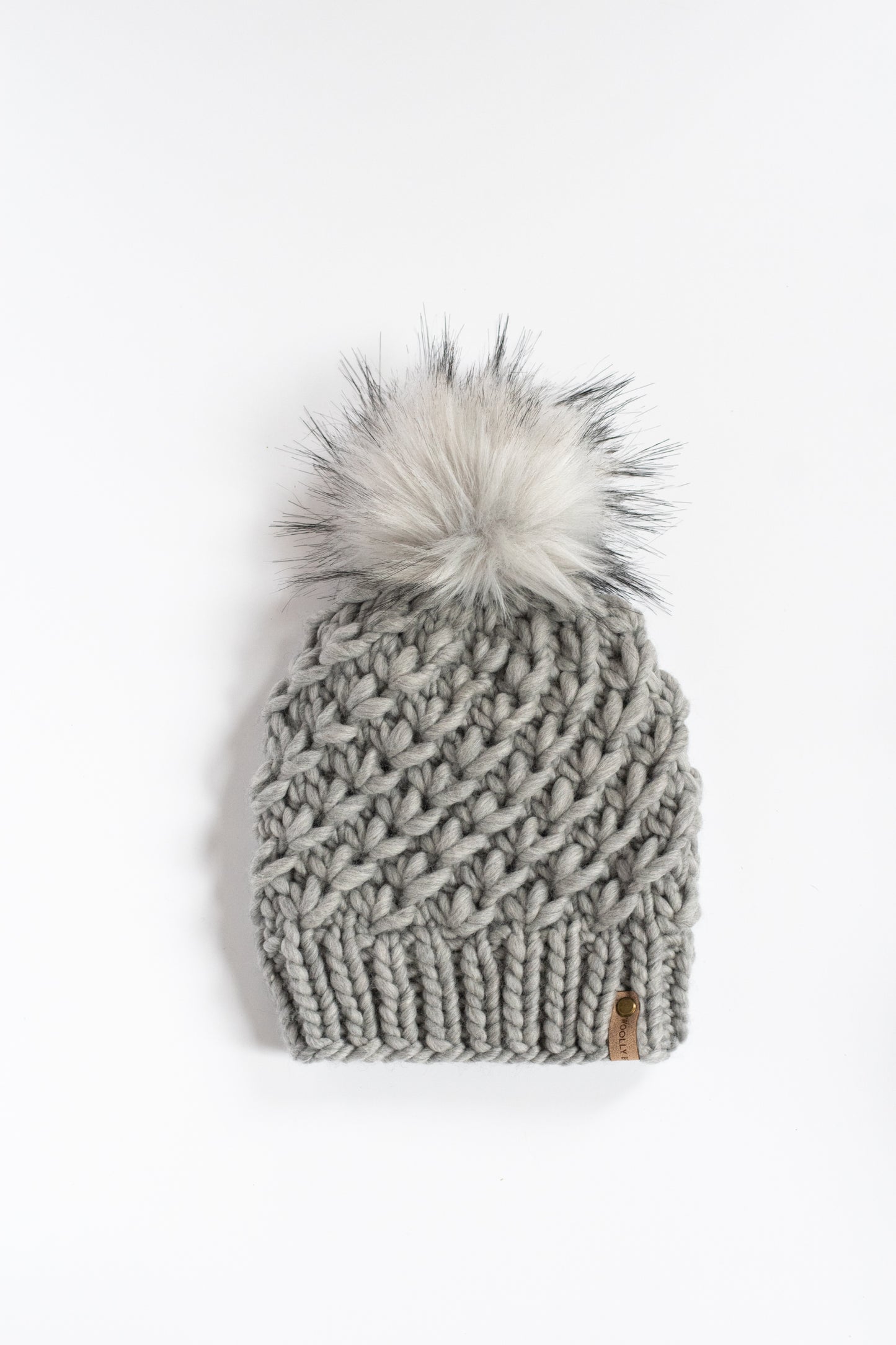 Gray Textured Merino Wool Knit Hat with Faux Fur Pom Pom