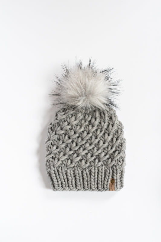 Gray Textured Merino Wool Knit Hat with Faux Fur Pom Pom