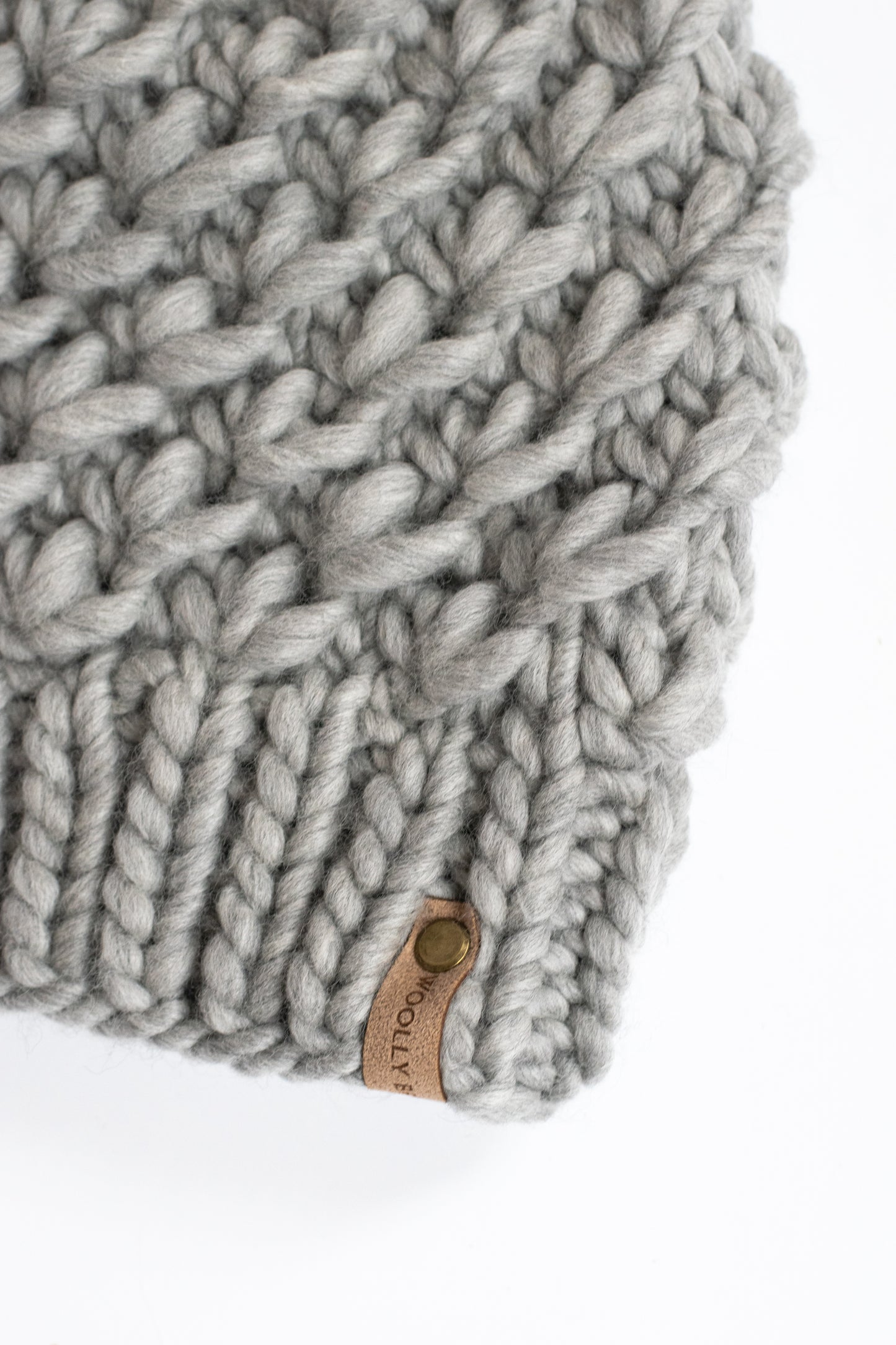 Gray Textured Merino Wool Knit Hat with Faux Fur Pom Pom