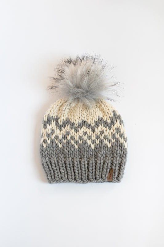 Gray and Ivory Fair Isle Merino Wool Knit Hat with Faux Fur Pom Pom