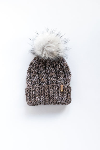 Gray Merino Wool Knit Hat with Faux Fur Pom Pom