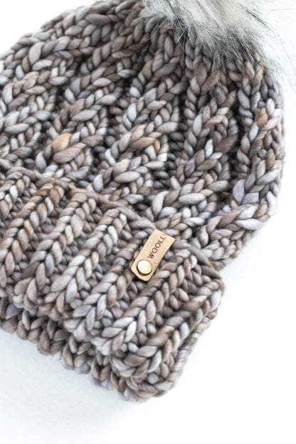 Gray Merino Wool Knit Hat with Faux Fur Pom Pom
