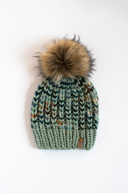 Green Striped Merino Wool Knit Hat with Faux Fur Pom Pom