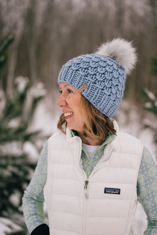 Blue Merino Wool Knit Hat with Faux Fur Pom Pom