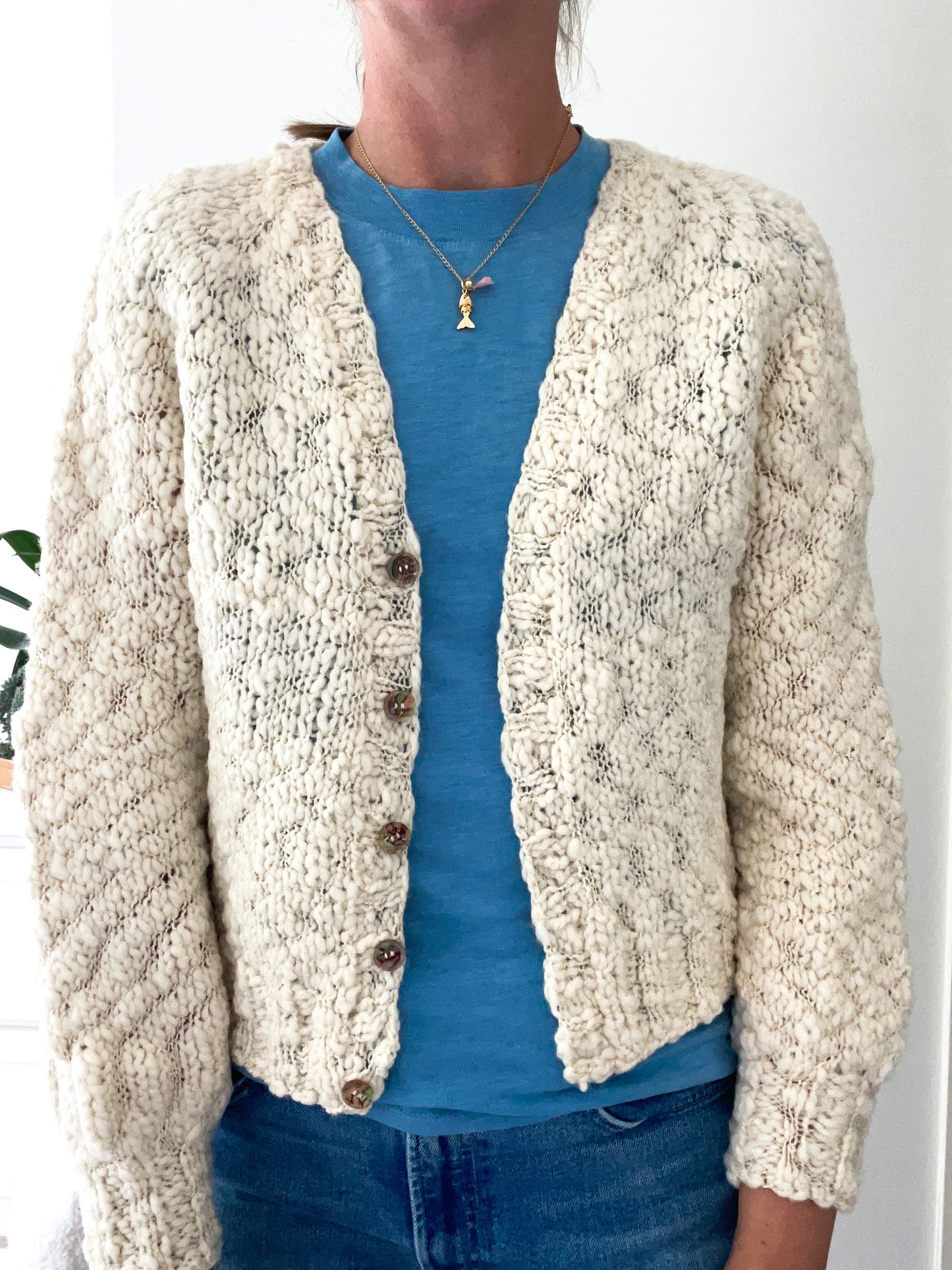 Ivory Sparkly Hand Knit Cardigan, Size Small
