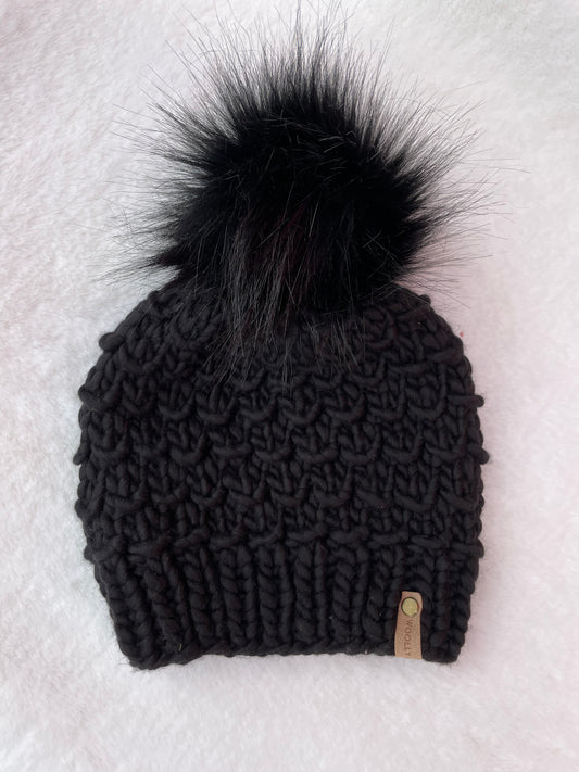 Black Merino Wool Knit Hat with Faux Fur Pom Pom