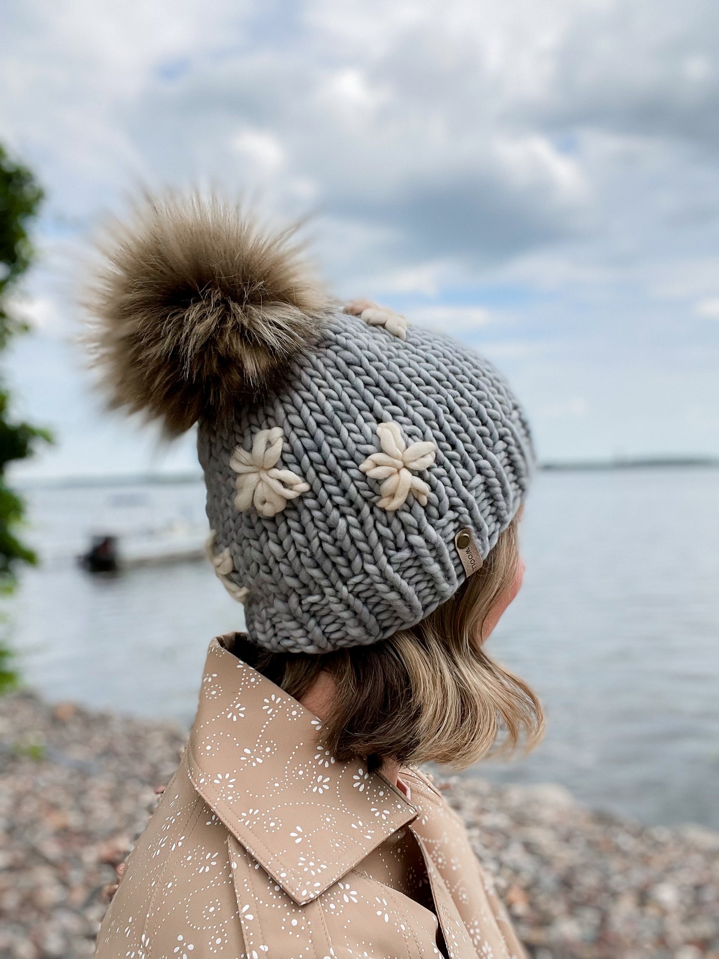 Gray and Ivory Floral Embroidered Merino Wool Hat with Faux Fur Pom Pom