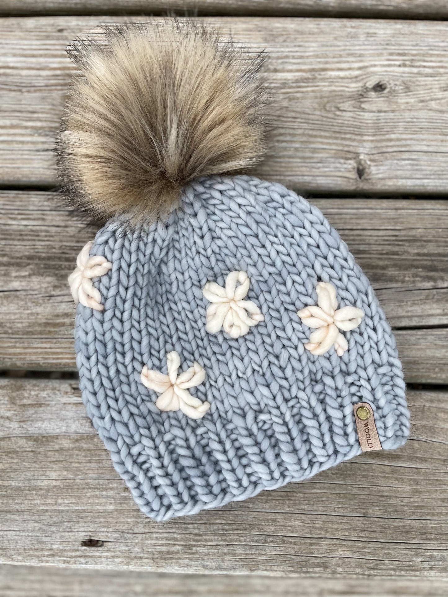 Gray and Ivory Floral Embroidered Merino Wool Hat with Faux Fur Pom Pom