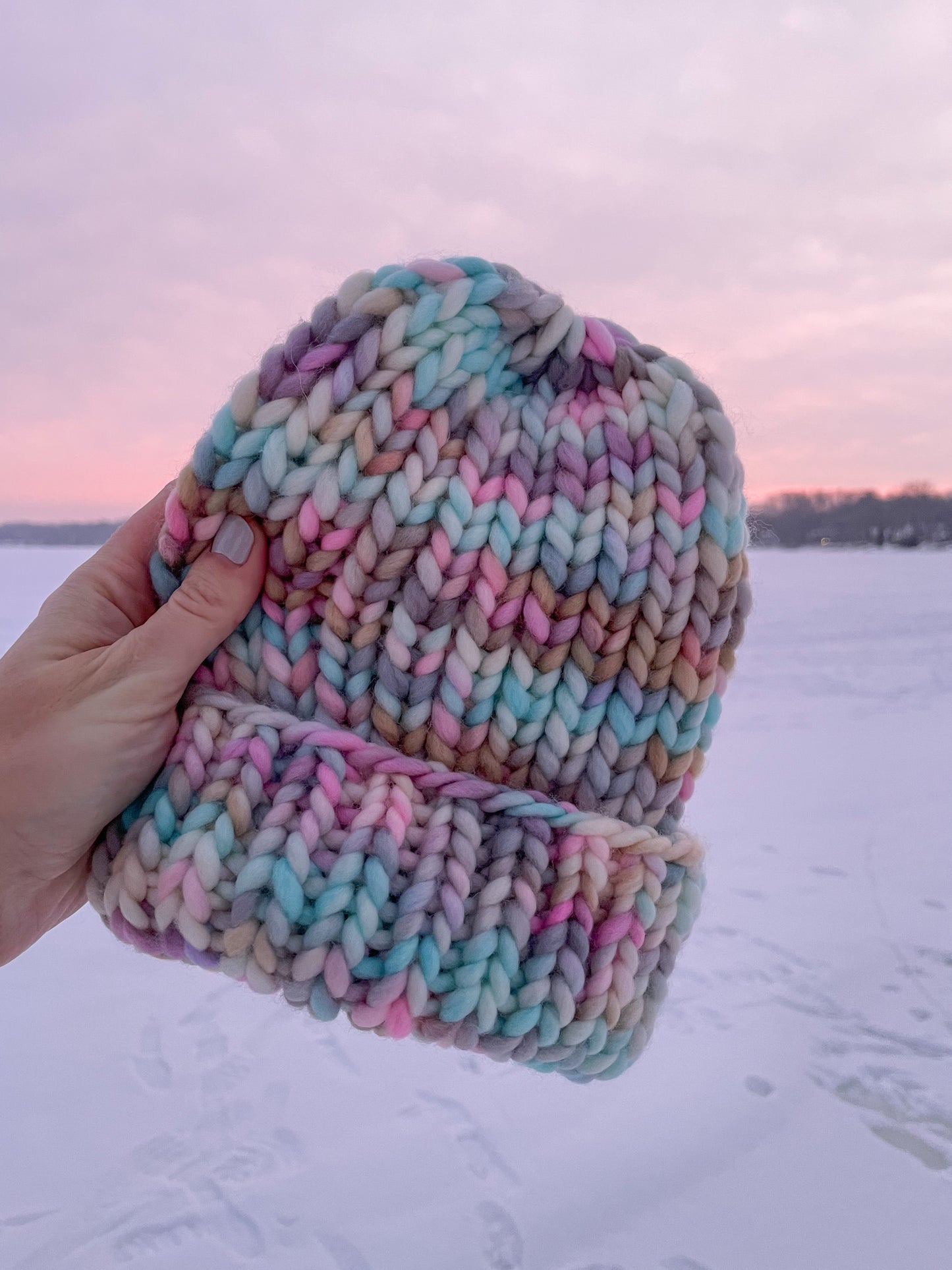 Pink Ribbed Merino Wool Knit Hat with Faux Fur Pom Pom - Hand-Dyed Yarn