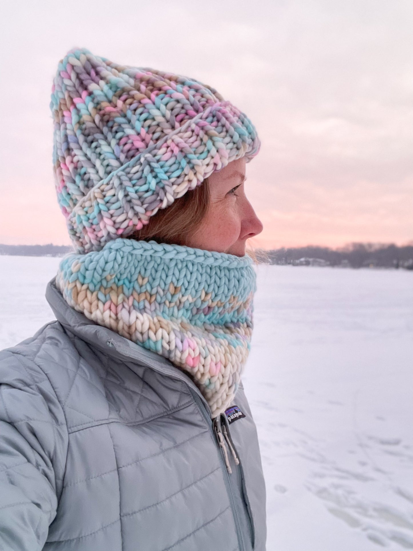 Pink and Aqua Merino Wool Fair Isle Hand Knit Cowl