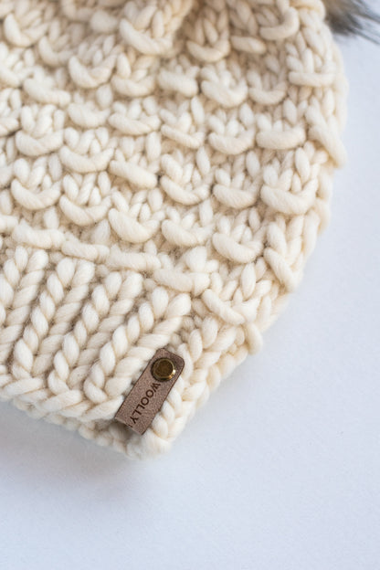 Ivory Merino Wool Knit Hat with Faux Fur Pom Pom