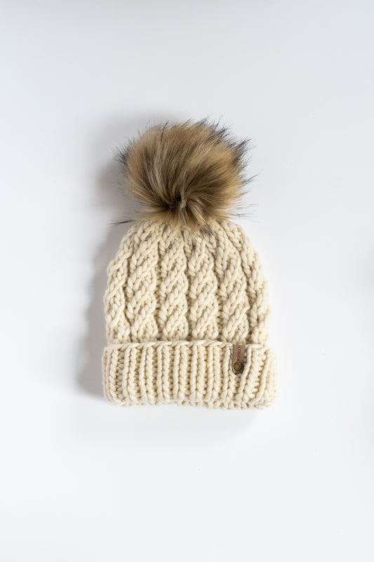 Ivory Merino Wool Knit Hat with Faux Fur Pom Pom