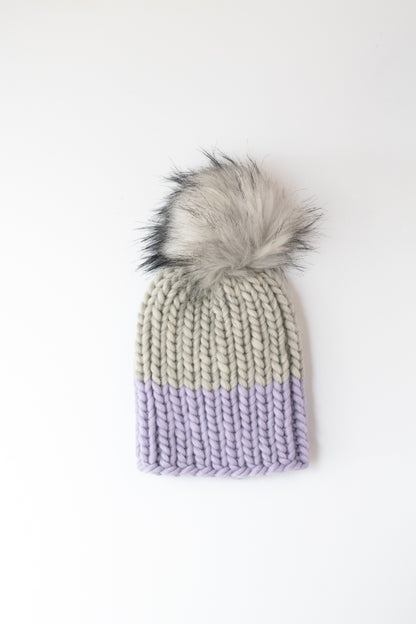 Child and Toddler Size Ribbed Knit Colorblock Peruvian Wool Hat with Faux Fur Pom Pom (More Colors Available)