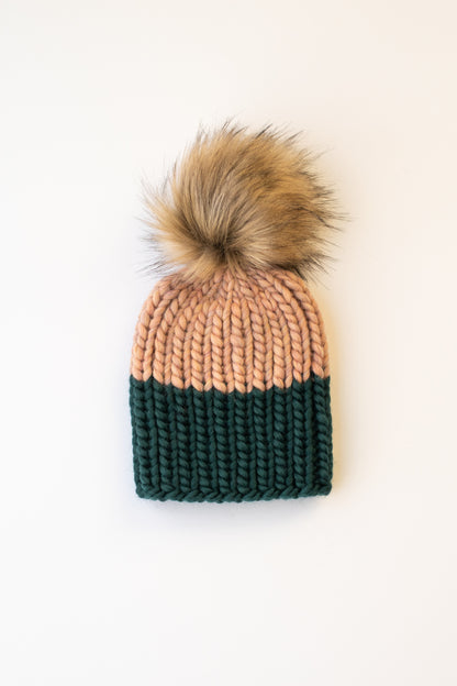 Child and Toddler Size Ribbed Knit Colorblock Peruvian Wool Hat with Faux Fur Pom Pom (More Colors Available)