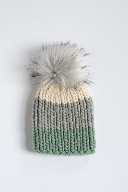 Child and Toddler Size Ribbed Knit Colorblock Peruvian Wool Hat with Faux Fur Pom Pom (More Colors Available)