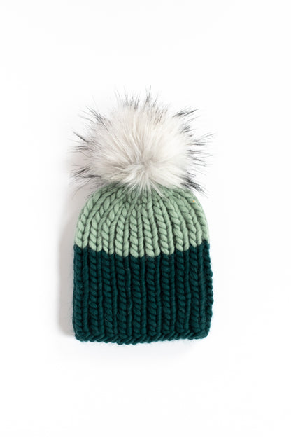 Child and Toddler Size Ribbed Knit Colorblock Peruvian Wool Hat with Faux Fur Pom Pom (More Colors Available)
