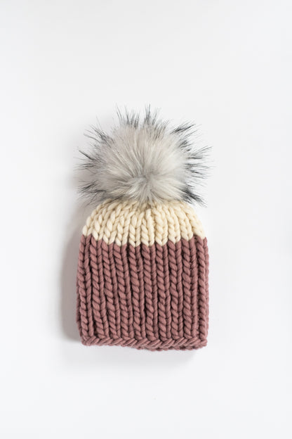 Child and Toddler Size Ribbed Knit Colorblock Peruvian Wool Hat with Faux Fur Pom Pom (More Colors Available)