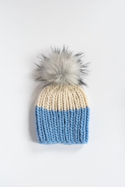 Child and Toddler Size Ribbed Knit Colorblock Peruvian Wool Hat with Faux Fur Pom Pom (More Colors Available)